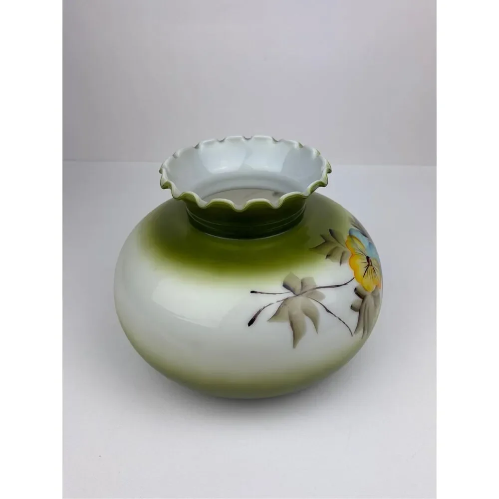 Vtg GWTW Glass Lamp Shade Hand Painted Green Floral Ruffled Top, 7
